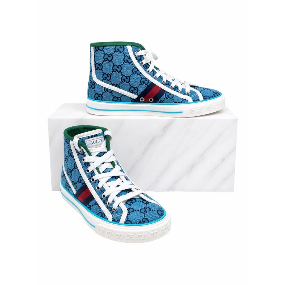 Gucci Tennis 1977 High Top Sneakers Turquoise Navy Logo Monogram Size 37